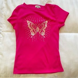 Y2K Hot Pink Butterfly Rhinestone Ribbed Baby Tee